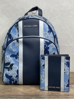 Michael Kors Navy and Light Blue Floral Logo Backpack with Matching Wallet